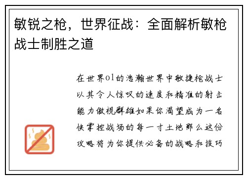 敏锐之枪，世界征战：全面解析敏枪战士制胜之道