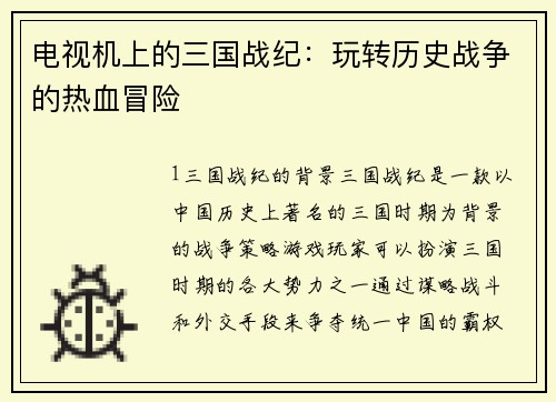 电视机上的三国战纪：玩转历史战争的热血冒险